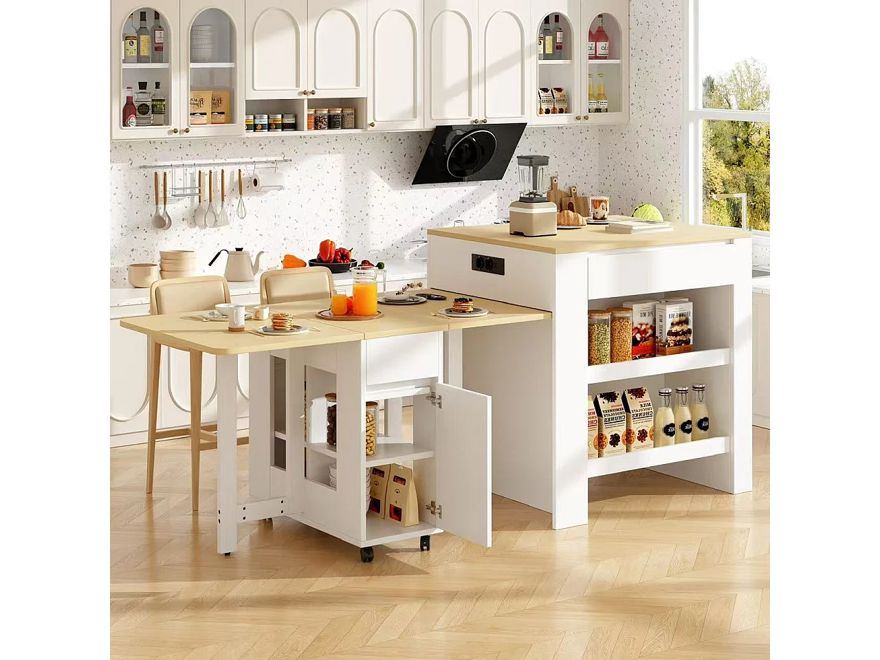 Isla central de cocina con 4 cajones y estanterías abiertas - Tablero extensible - 110(214)x78x97,5 cm - Para 2 a 6 personas - Blanco + Natural