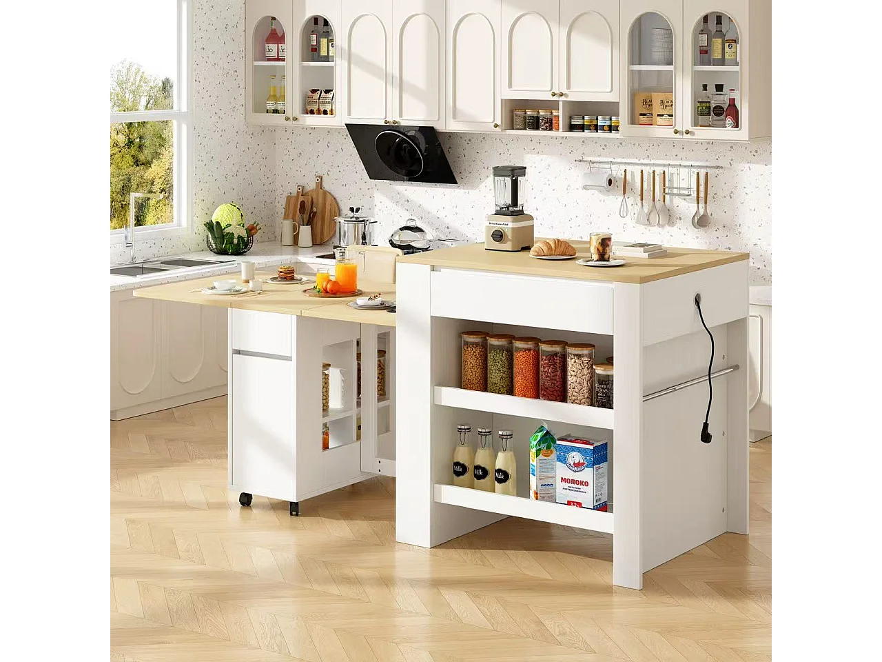 Isla central de cocina con 4 cajones y estanterías abiertas - Tablero extensible - 110(214)x78x97,5 cm - Para 2 a 6 personas - Blanco + Natural