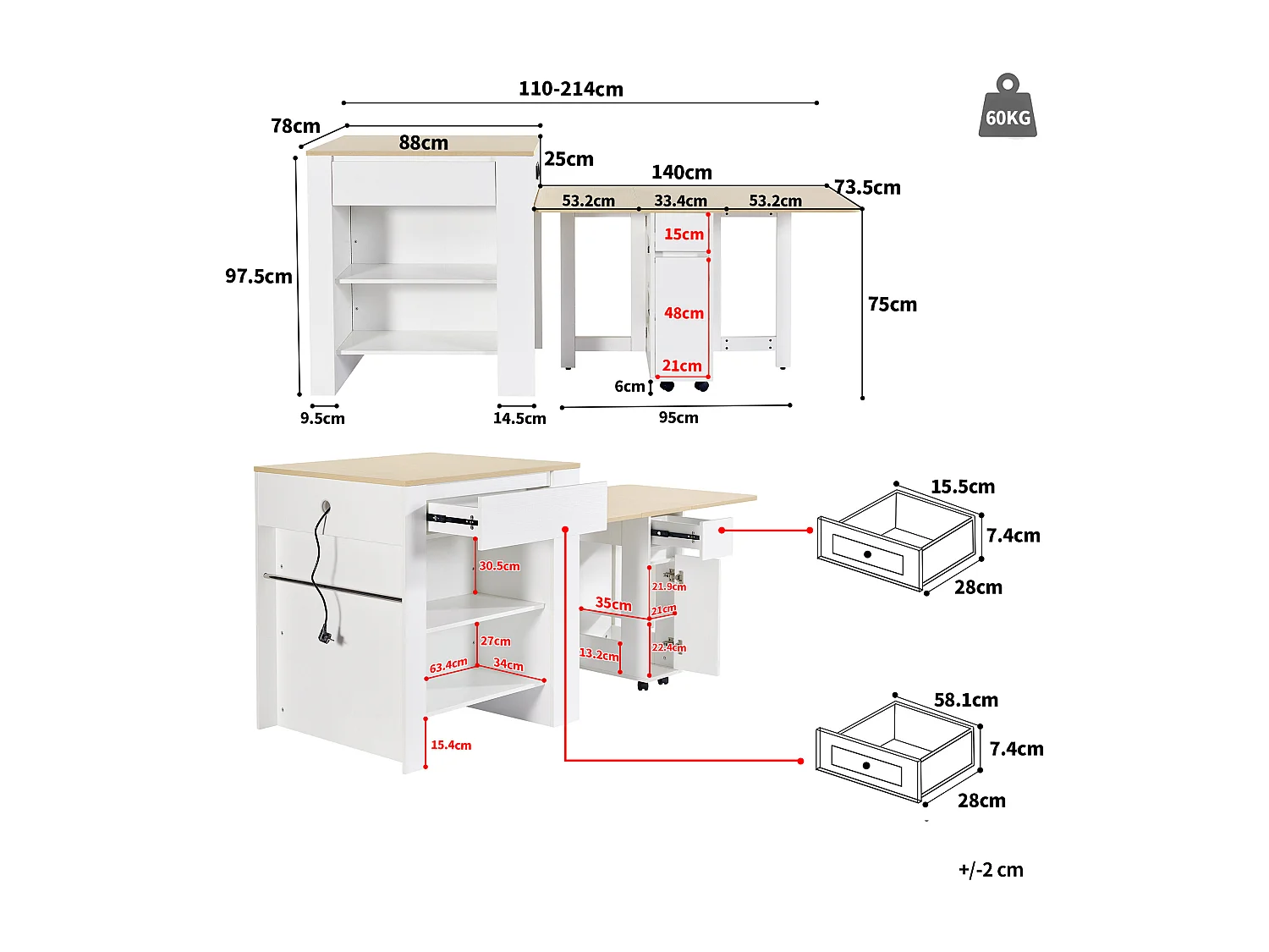 Isla central de cocina con 4 cajones y estanterías abiertas - Tablero extensible - 110(214)x78x97,5 cm - Para 2 a 6 personas - Blanco + Natural