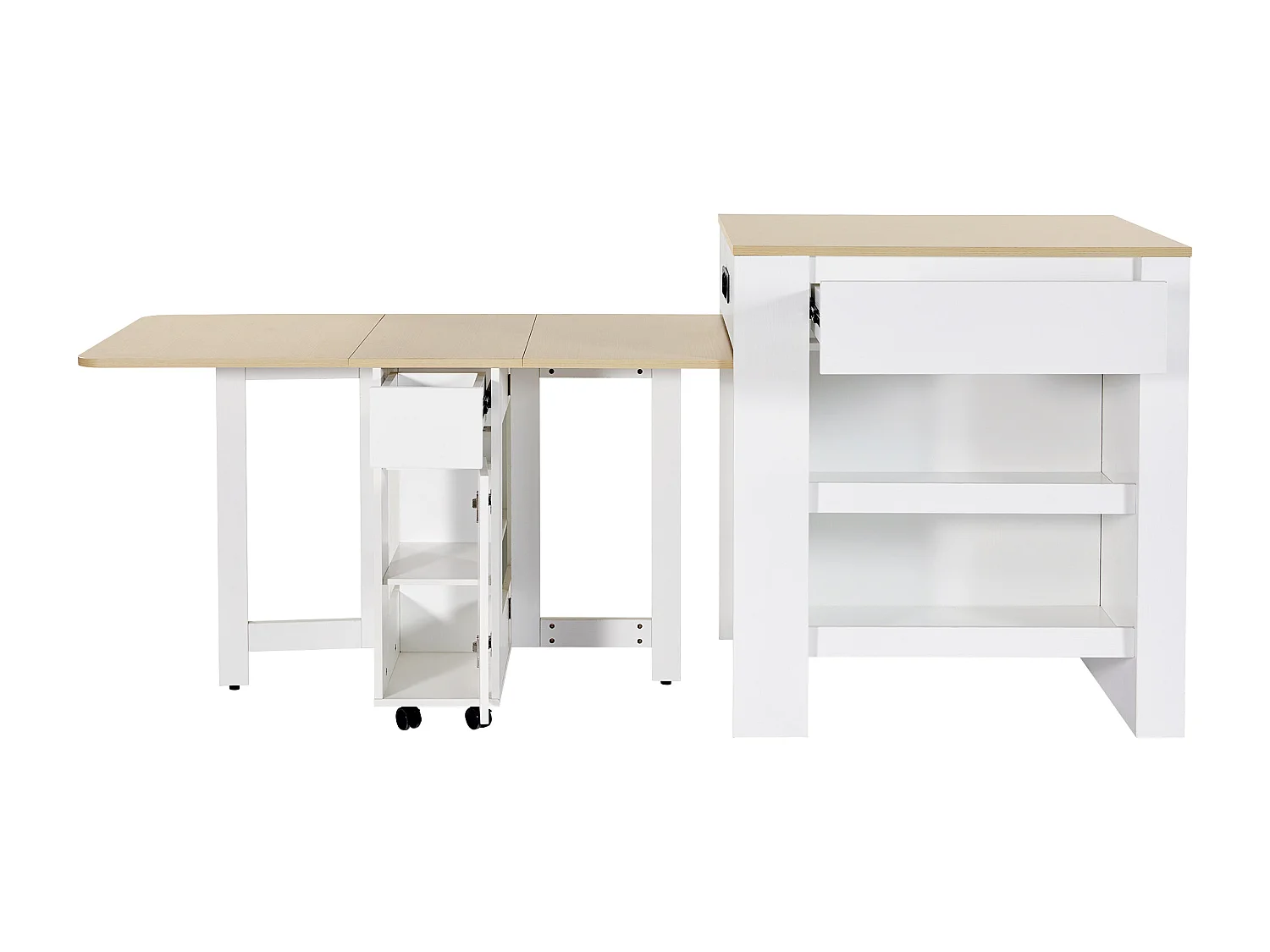 Isla central de cocina con 4 cajones y estanterías abiertas - Tablero extensible - 110(214)x78x97,5 cm - Para 2 a 6 personas - Blanco + Natural