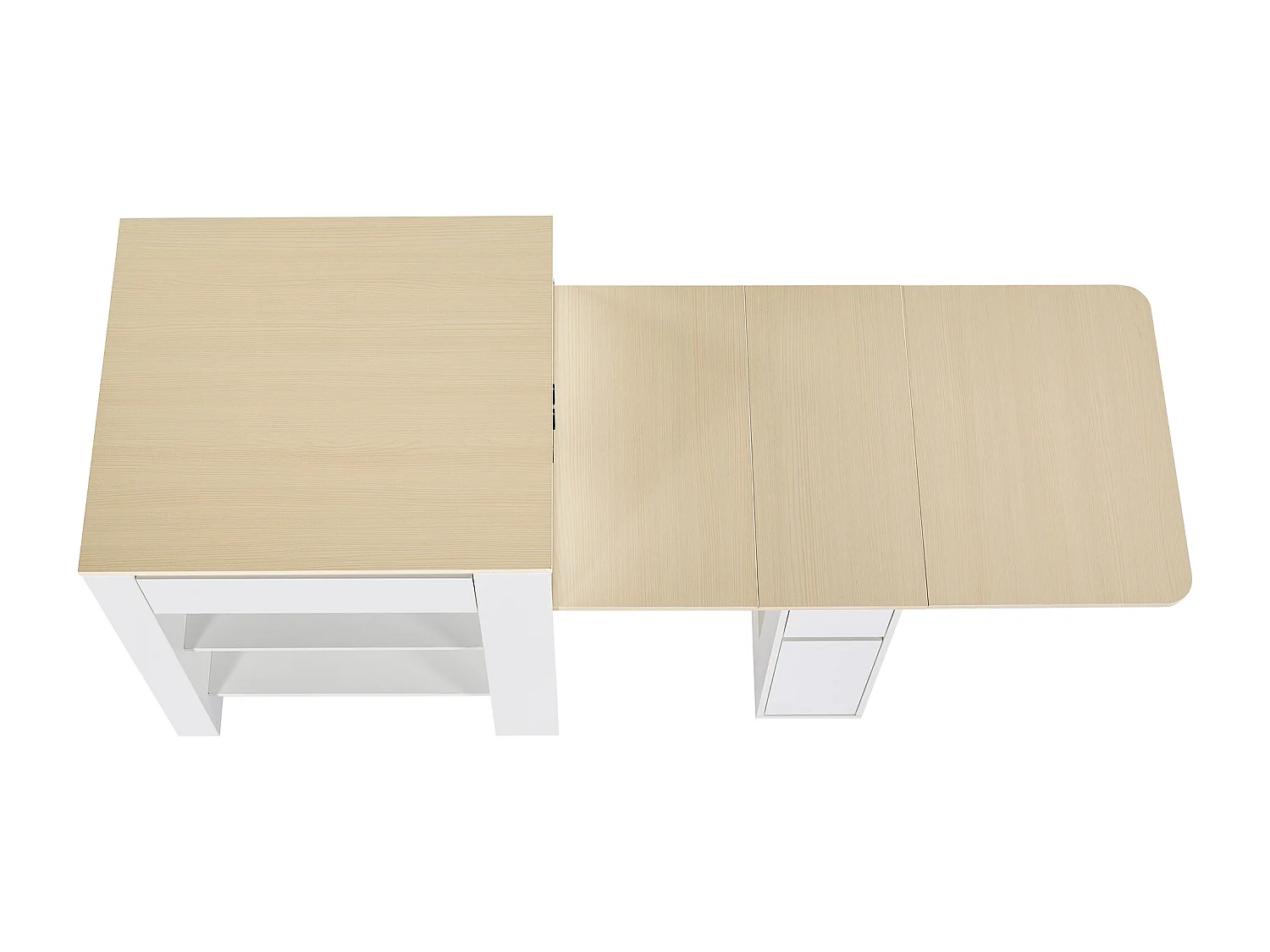 Isla central de cocina con 4 cajones y estanterías abiertas - Tablero extensible - 110(214)x78x97,5 cm - Para 2 a 6 personas - Blanco + Natural