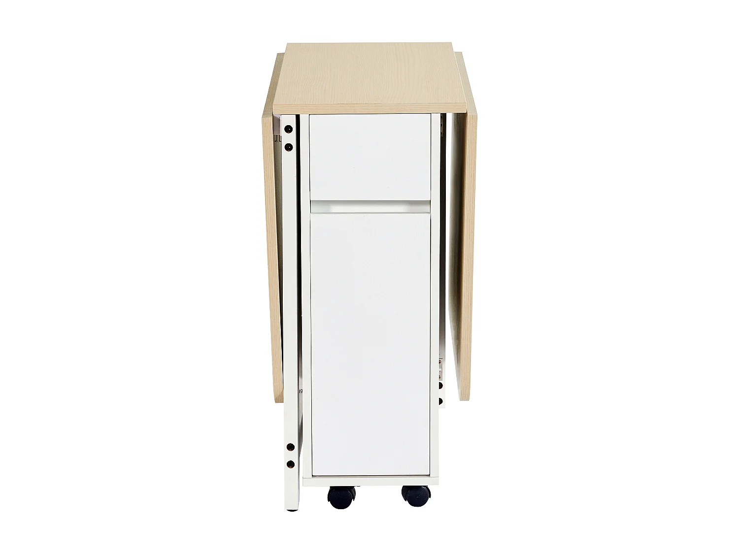 Isla central de cocina con 4 cajones y estanterías abiertas - Tablero extensible - 110(214)x78x97,5 cm - Para 2 a 6 personas - Blanco + Natural