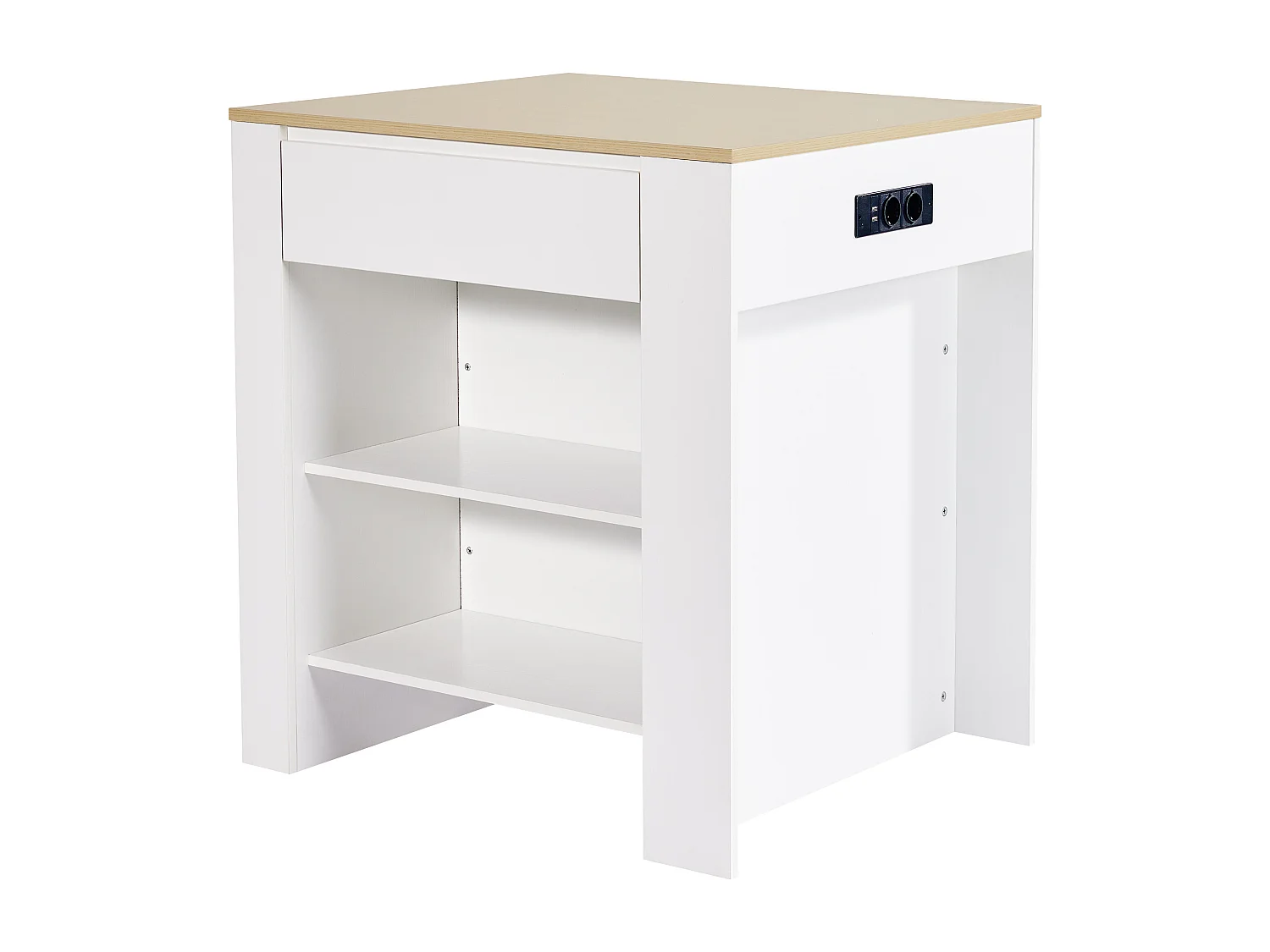 Isla central de cocina con 4 cajones y estanterías abiertas - Tablero extensible - 110(214)x78x97,5 cm - Para 2 a 6 personas - Blanco + Natural