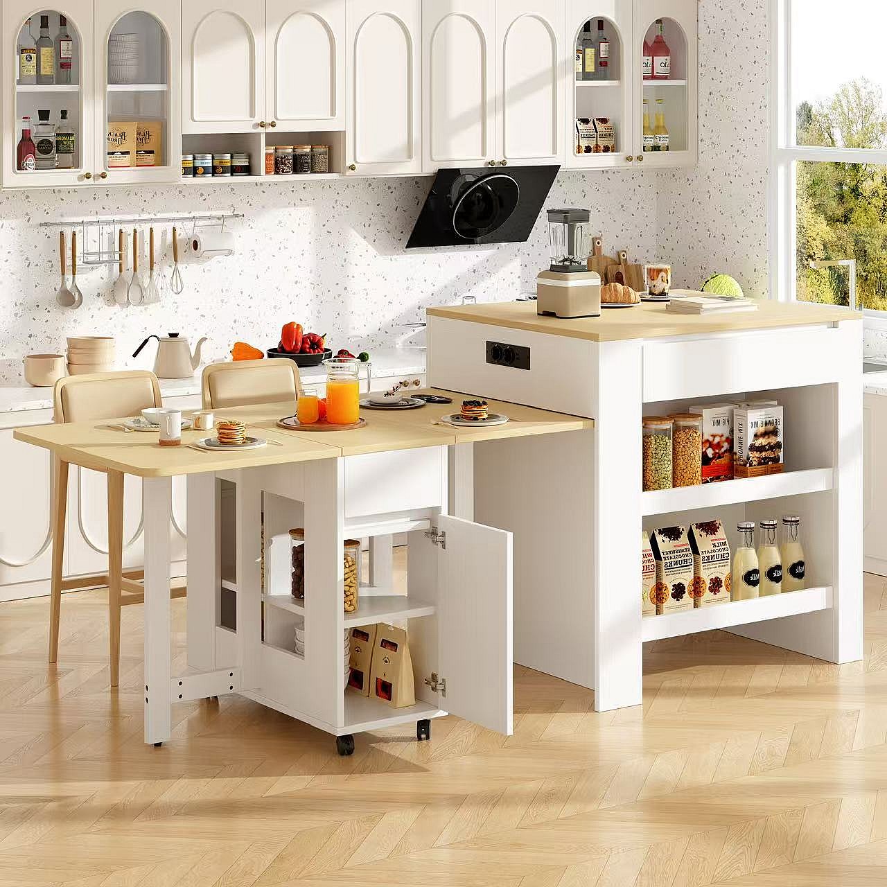 Îlot De Cuisine Modulable 120x43 Cm - Bois Blanc, Roulettes, Plateau Rabattable, Rangement