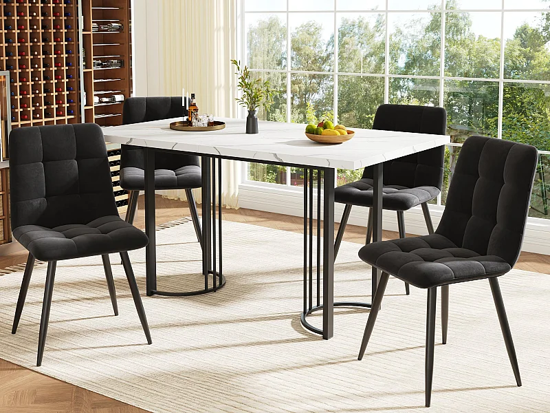 Mesa de jantar com 4 cadeiras - Tampos em MDF, estrutura em metal e almofadas de veludo - Branco & Preto
