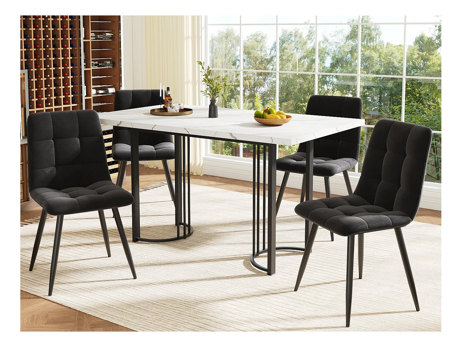 Table à manger et 4 chaises - plateau en MDF、Structure en métal et coussins en velours - Blanc & Noir
