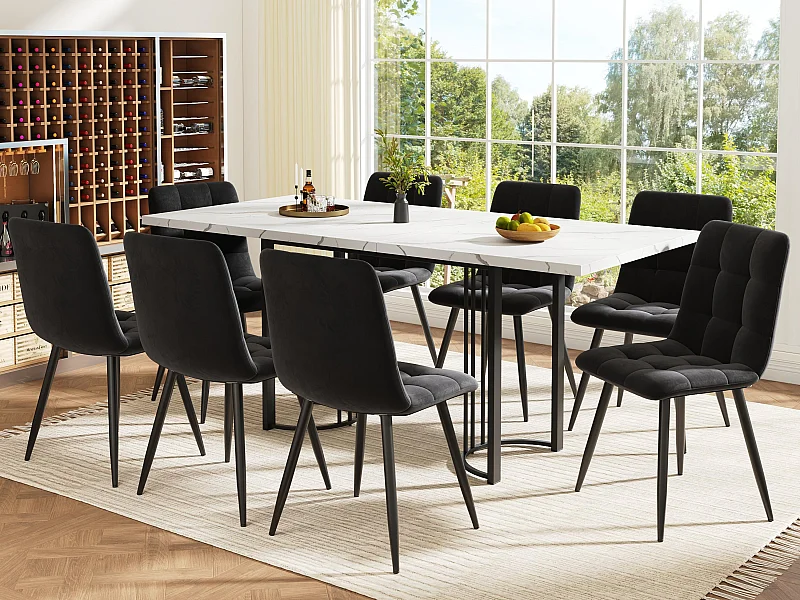 Mesa de jantar com 8 cadeiras - Tampos em MDF, estrutura em metal e almofadas de veludo - Branco & Preto