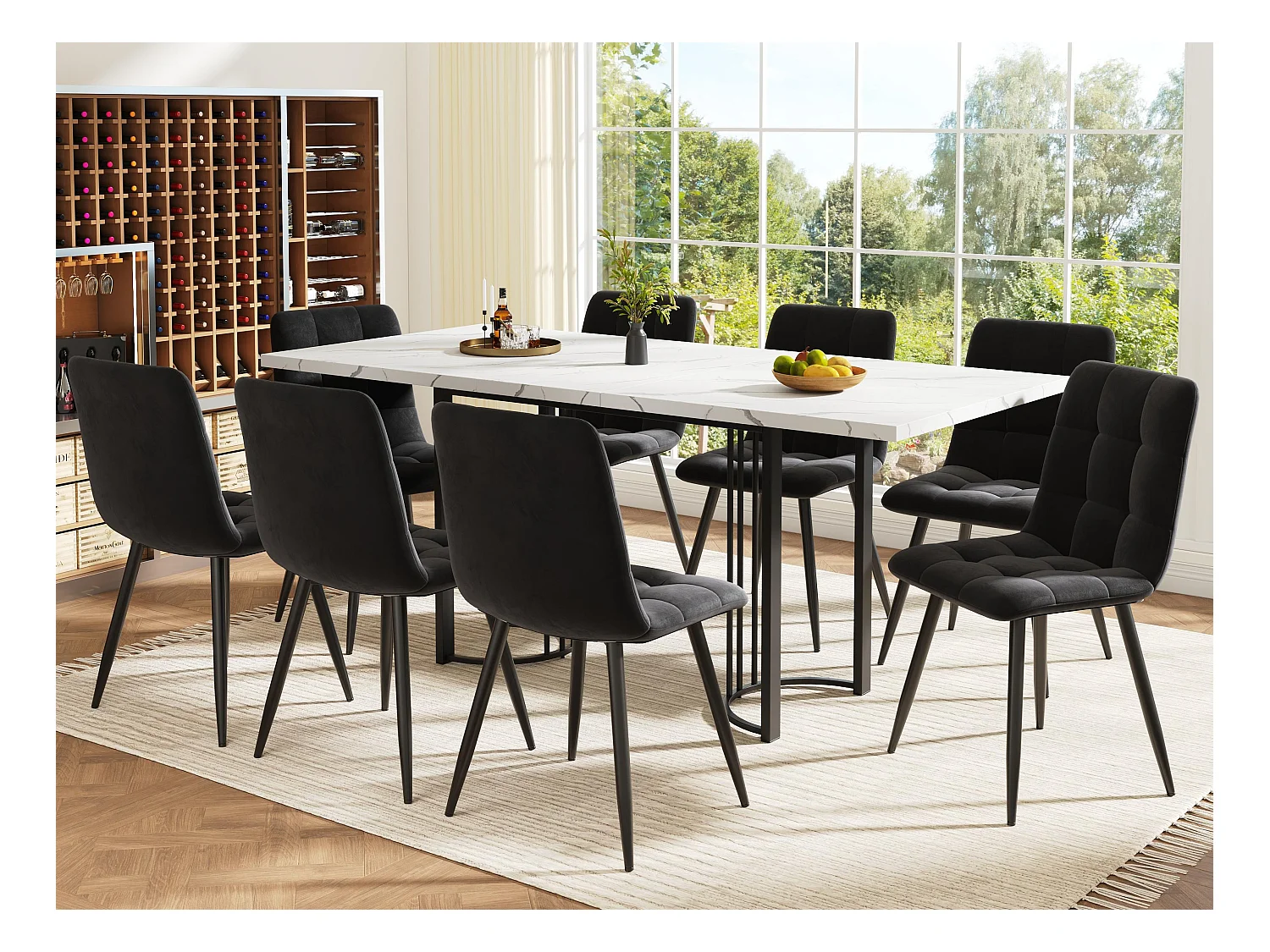 Eettafel met 8 stoelen - Blad van MDF, metalen frame en fluwelen kussens - Wit & Zwart