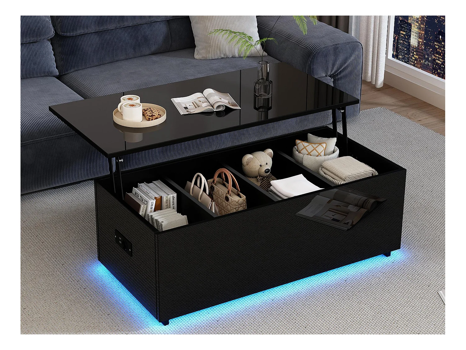 Table basse moderne 100x50x35 cm - avec éclairage LED - rangement caché - table d'appoint à relevage hydraulique -Noir