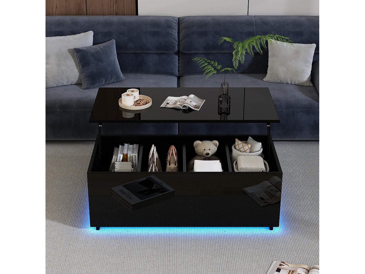 Table basse moderne 100x50x35 cm - avec éclairage LED - rangement caché - table d'appoint à relevage hydraulique -Noir