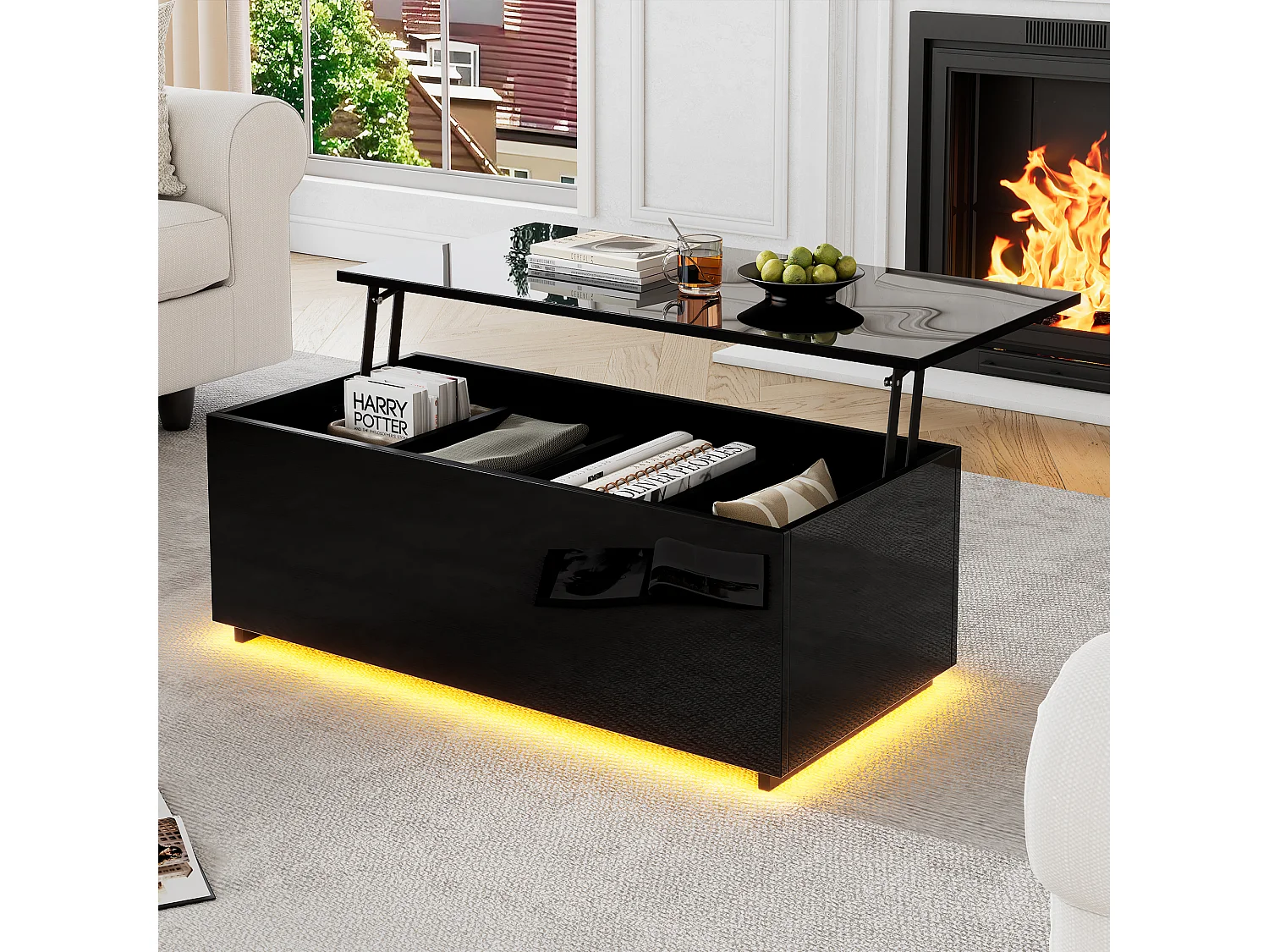 Table basse moderne 100x50x35 cm - avec éclairage LED - rangement caché - table d'appoint à relevage hydraulique -Noir