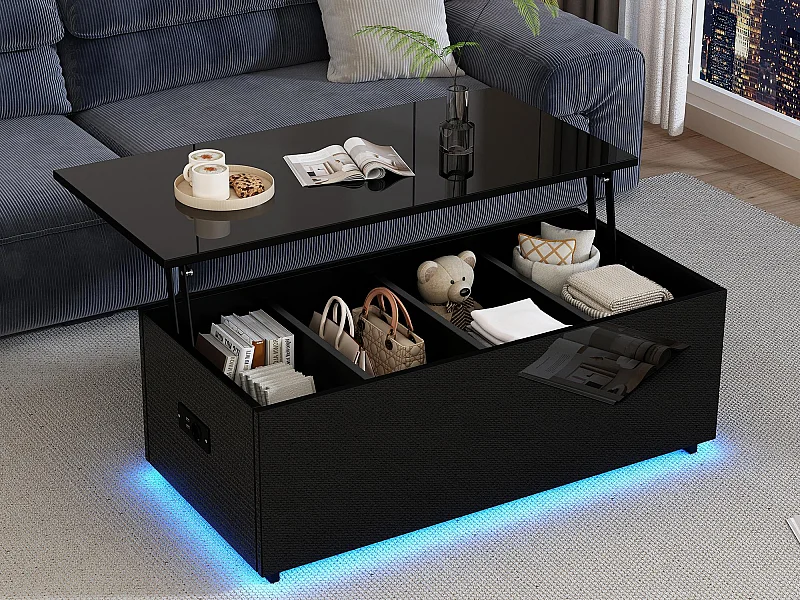 Moderner Couchtisch 100x50x35 cm - mit LED-Beleuchtung - versteckter Stauraum - Beistelltisch mit Hydraulik-Hebemechanismus - schwarz