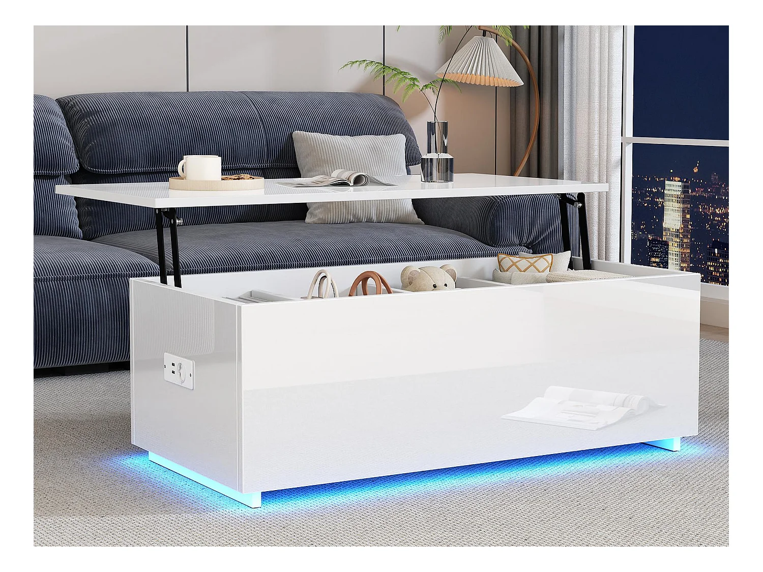 Table basse moderne 100x50x35 cm - avec éclairage LED - rangement caché - table d'appoint à relevage hydraulique - Blanc