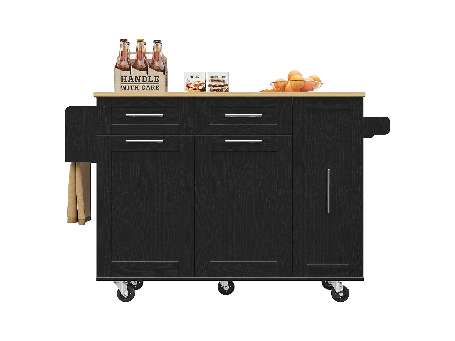 Ilot central de cuisine - chariot à roulette avec plateau escamotable - 2 tiroirs et 2 portes - Noir