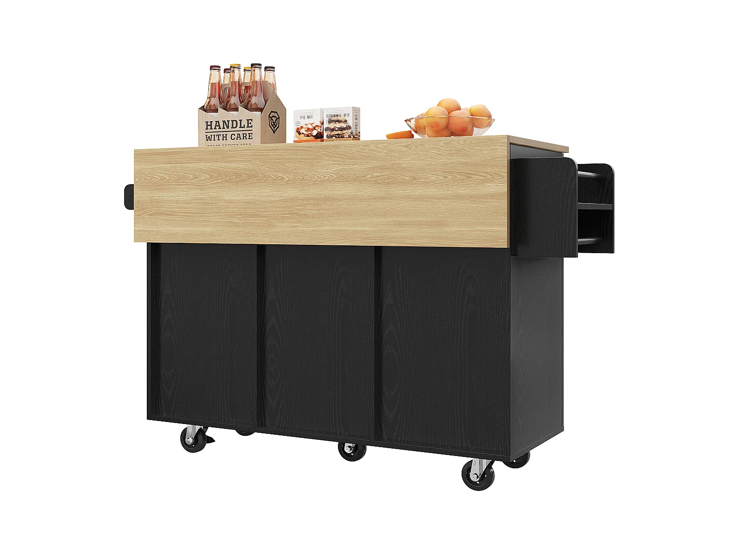 Ilot central de cuisine - chariot à roulette avec plateau escamotable - 2 tiroirs et 2 portes - Noir