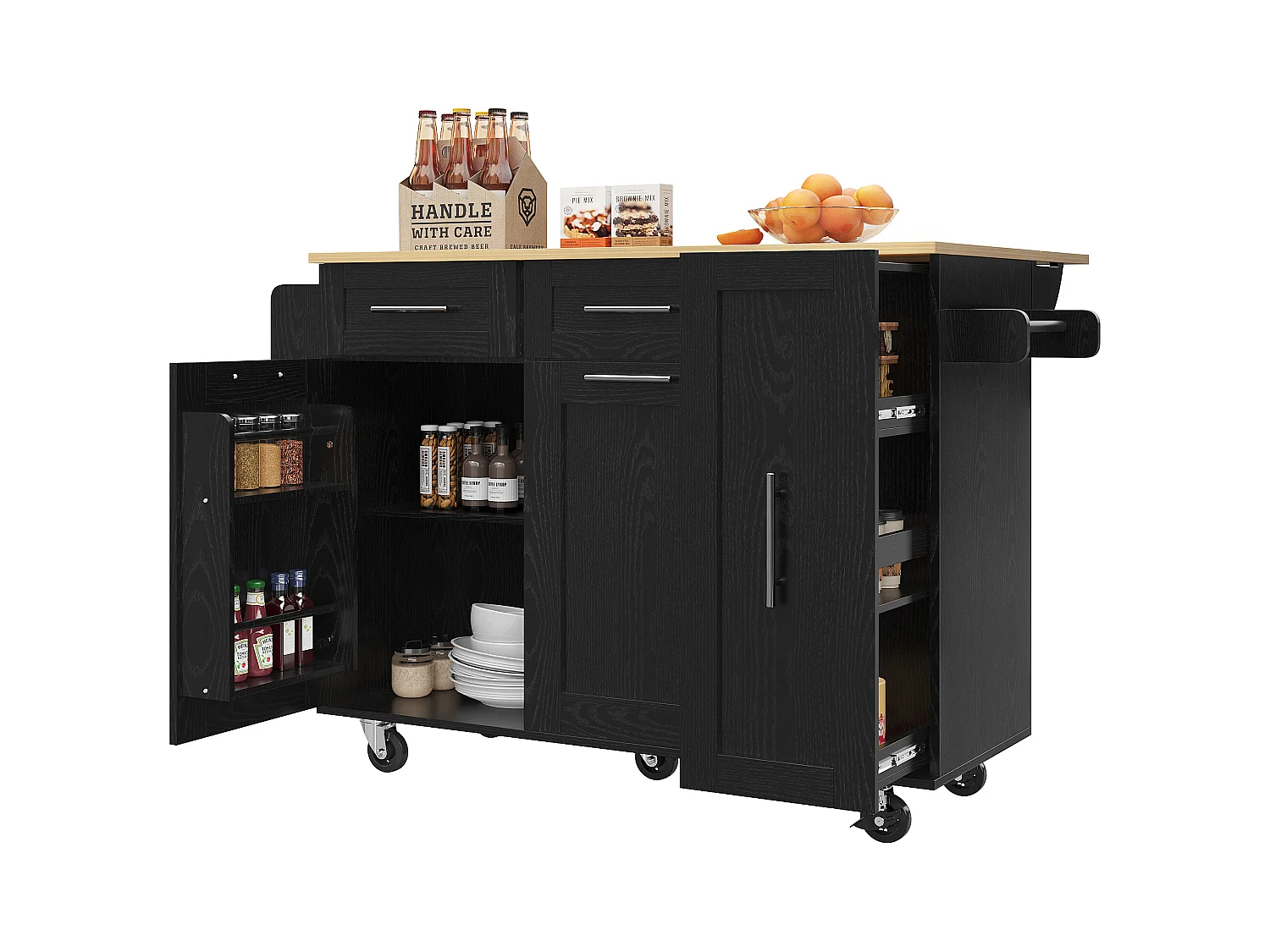 Ilot central de cuisine - chariot à roulette avec plateau escamotable - 2 tiroirs et 2 portes - Noir