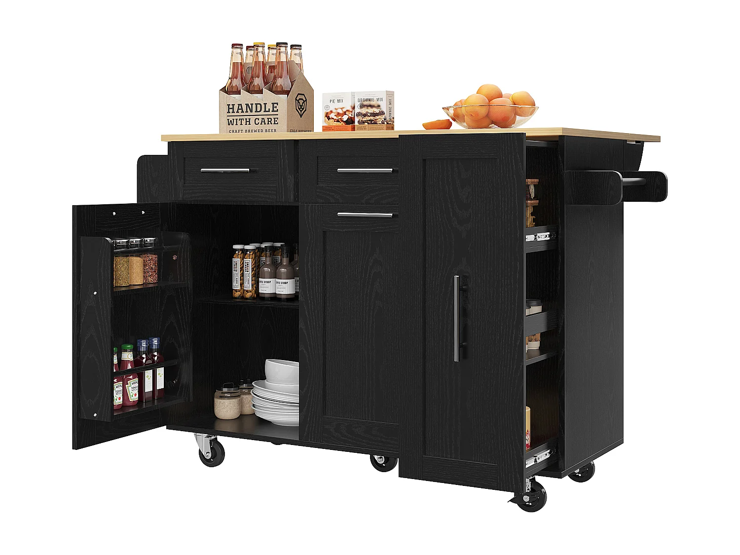 Zentrale Kücheninsel - Rollwagen mit einziehbarem Tablett - 2 Schubladen und 2 Türen - Schwarz