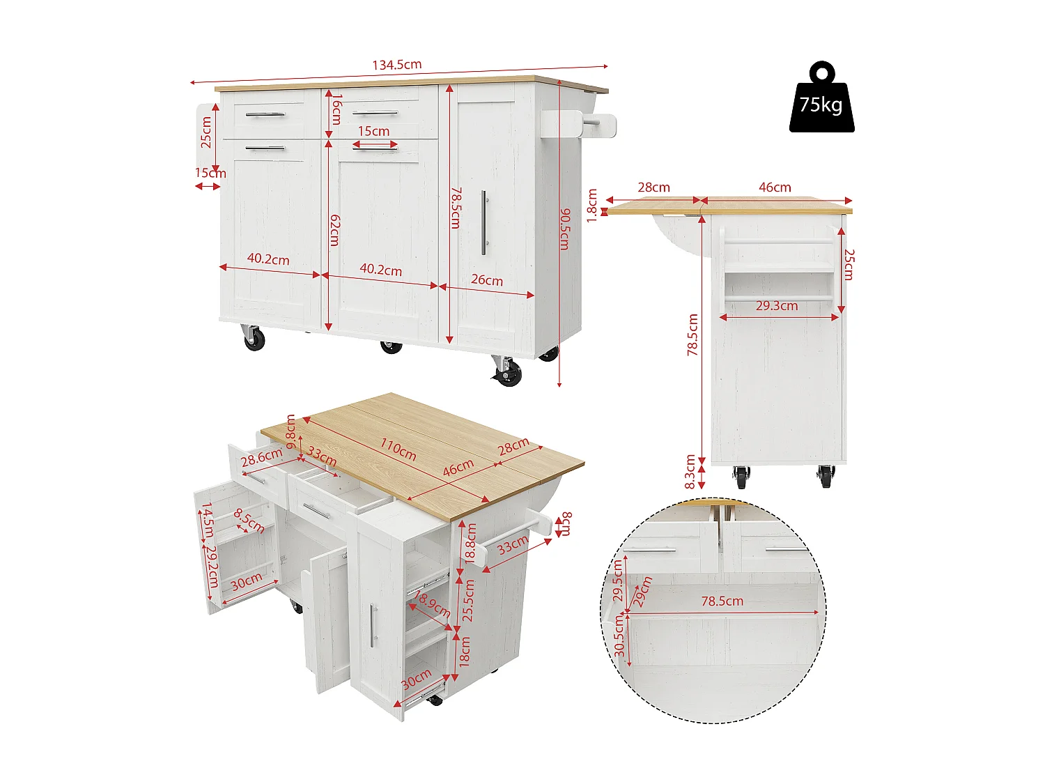 Ilot central de cuisine - chariot à roulette avec plateau escamotable - 2 tiroirs et 2 portes - Blanc