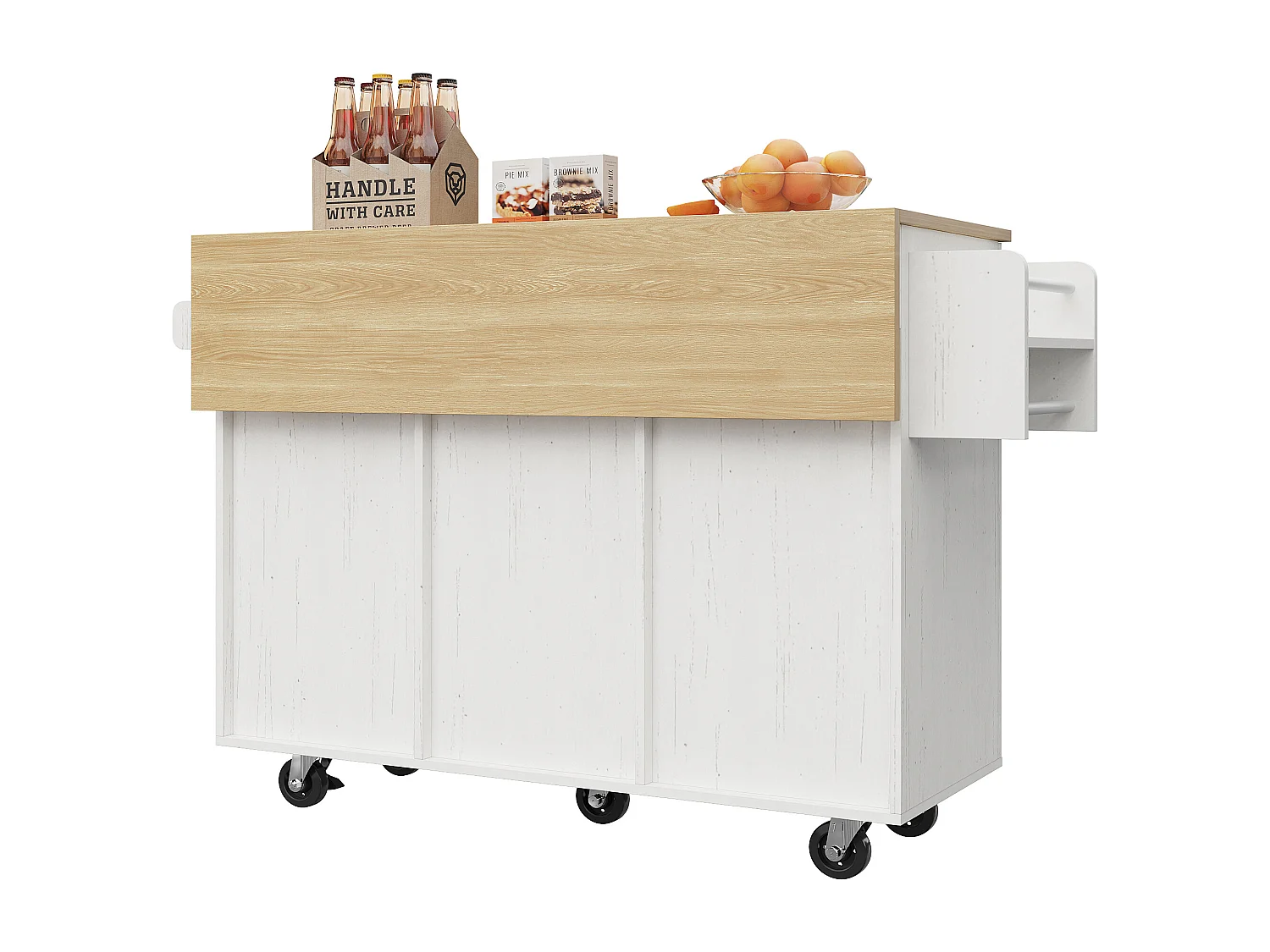 Ilot central de cuisine - chariot à roulette avec plateau escamotable - 2 tiroirs et 2 portes - Blanc