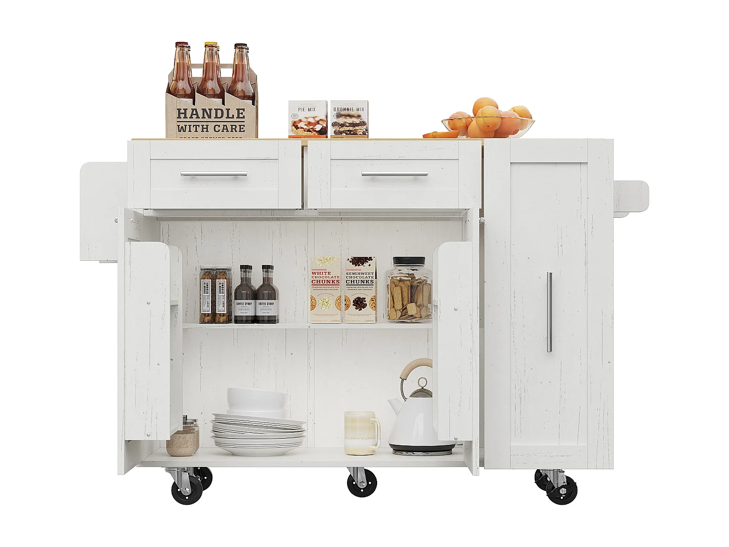 Isla central de cocina - carrito con ruedas y plancha retráctil - 2 cajones y 2 puertas - Blanco