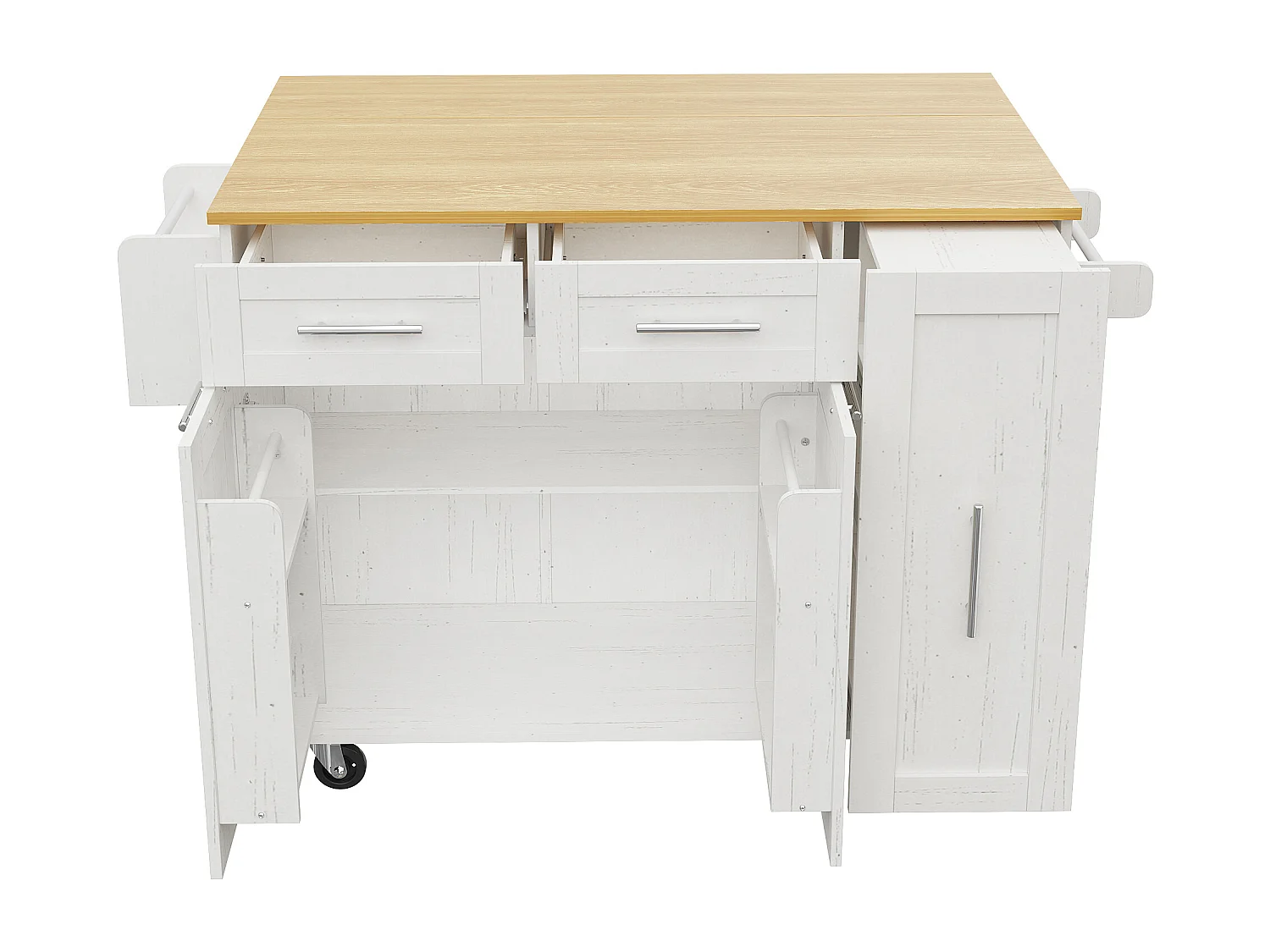 Isla central de cocina - carrito con ruedas y plancha retráctil - 2 cajones y 2 puertas - Blanco