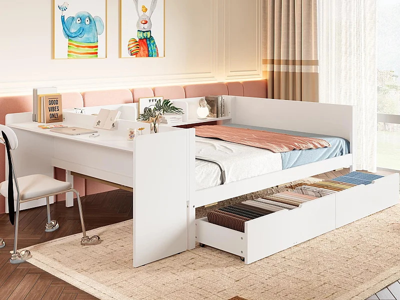 Einzelbett für Kinder 140x200 cm - mit Schreibtisch - mit 2 Schubladen - mit Regalen - Massivholz - Weiß (ohne Matratze)