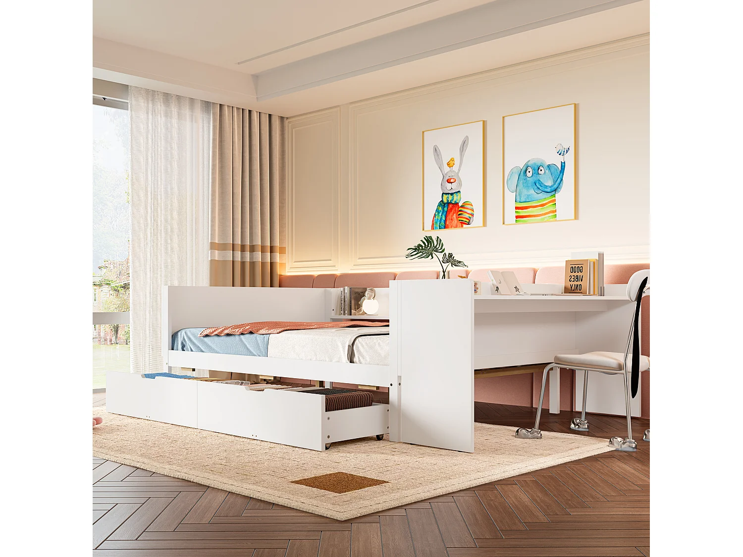 Łóżko proste dla dziecka 140x200 cm - z biurkiem - z 2 szufladami - z półkami - drewno lite - białe (bez materaca)