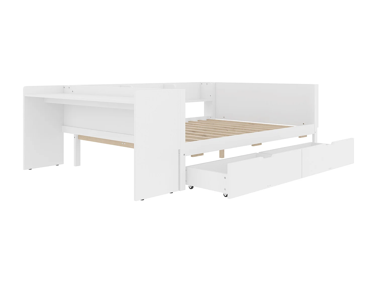 Lit simple enfant 140x200 cm - avec bureau - avec 2 tiroirs - avec étagères - bois massif - blanc (sans matelas)