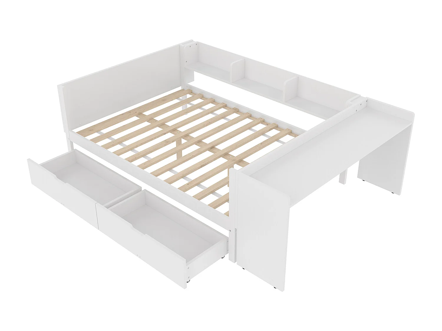 Lit simple enfant 140x200 cm - avec bureau - avec 2 tiroirs - avec étagères - bois massif - blanc (sans matelas)