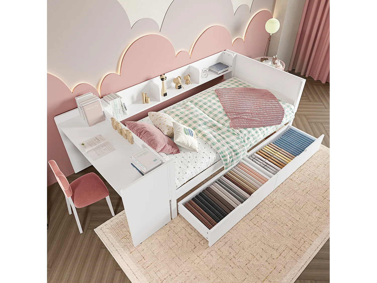 Lit simple enfant 90x200 cm - avec bureau - avec 2 tiroirs - avec étagères - bois massif - blanc (sans matelas)