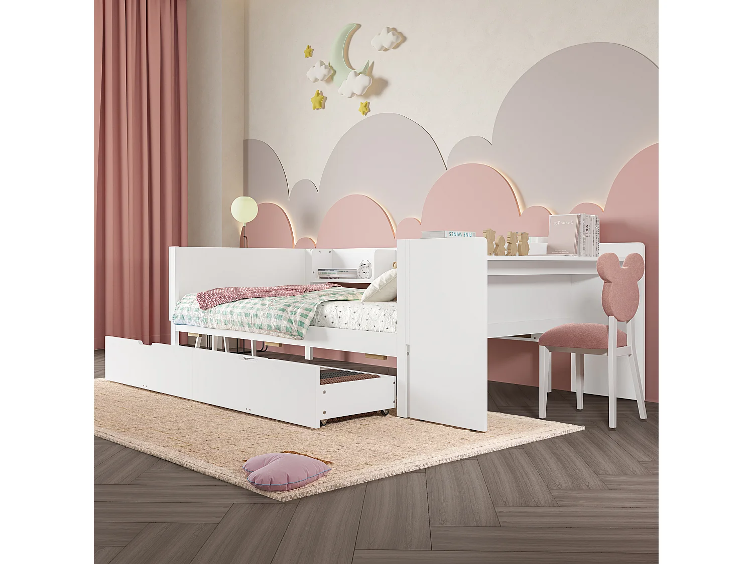 Lit simple enfant 90x200 cm - avec bureau - avec 2 tiroirs - avec étagères - bois massif - blanc (sans matelas)