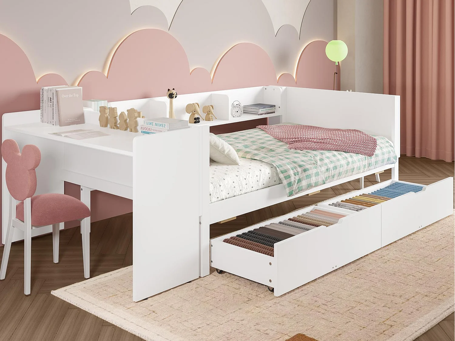 Einzelbett für Kinder 90x200 cm - mit Schreibtisch - mit 2 Schubladen - mit Regalen - Massivholz - Weiß (ohne Matratze)