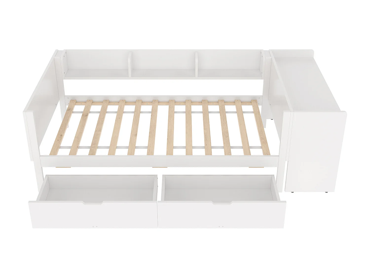 Einzelbett für Kinder 90x200 cm - mit Schreibtisch - mit 2 Schubladen - mit Regalen - Massivholz - Weiß (ohne Matratze)