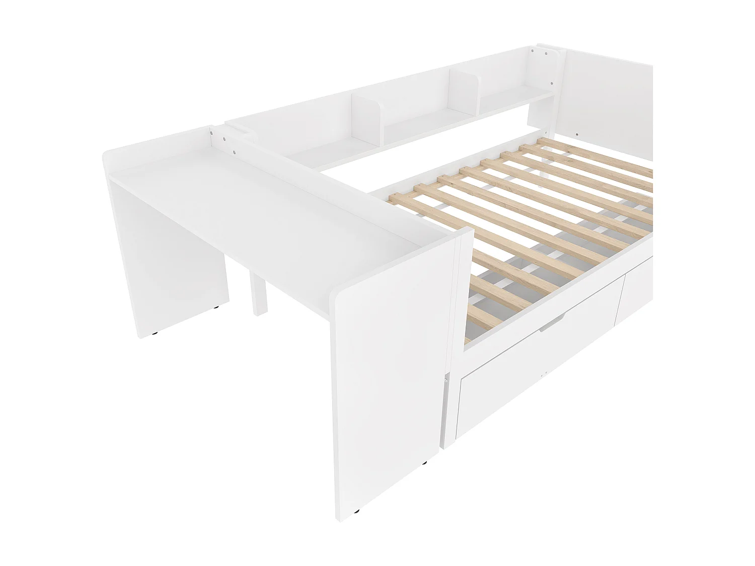 Einzelbett für Kinder 90x200 cm - mit Schreibtisch - mit 2 Schubladen - mit Regalen - Massivholz - Weiß (ohne Matratze)