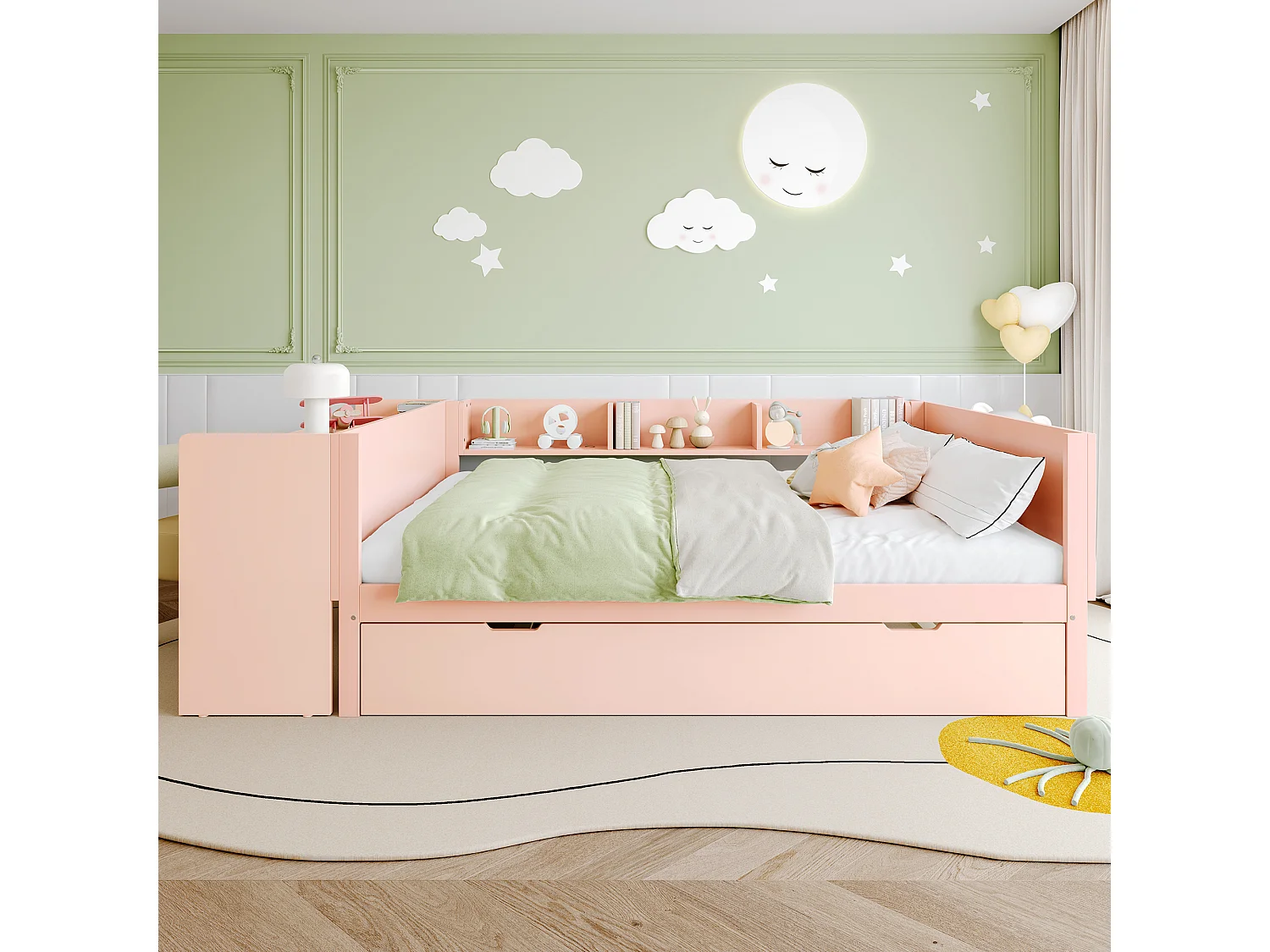 Tweepersoons kinderbed 140x200 cm - met bureau - met nestbed - met lattenbodem - massief hout - roze (zonder matras)