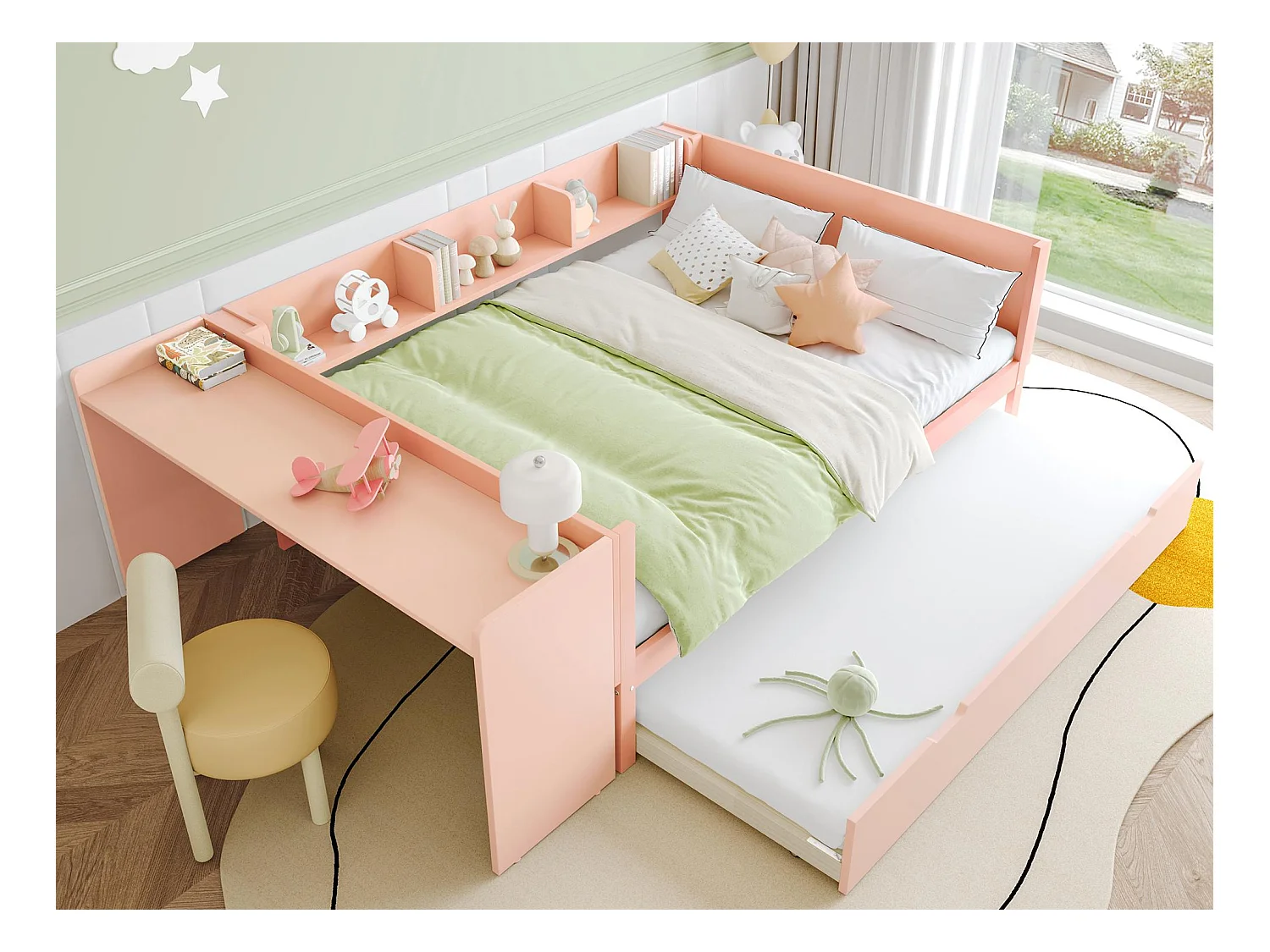 Doppelbett für Kinder 140x200 cm - mit Schreibtisch - mit ausziehbarem Bett - mit Lattenrost - Massivholz - Rosa (ohne Matratze)