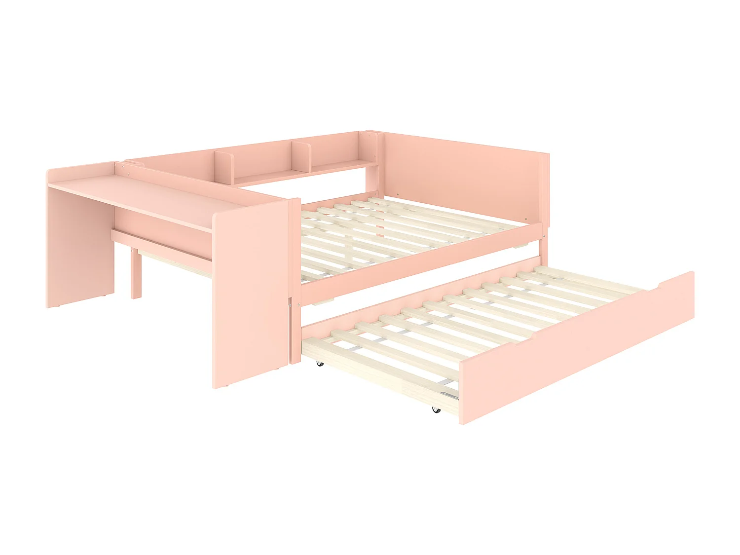 Lit double enfant 140x200 cm - Avec bureau - Avec lit gigogne - Avec sommier à lattes - Bois massif - rose (sans matelas)