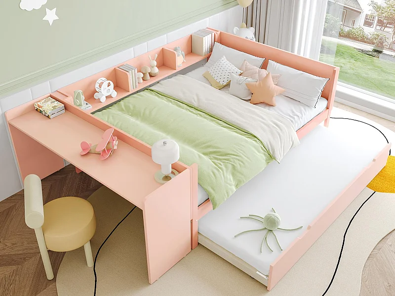Lit double enfant 140x200 cm - Avec bureau - Avec lit gigogne - Avec sommier à lattes - Bois massif - rose (sans matelas)