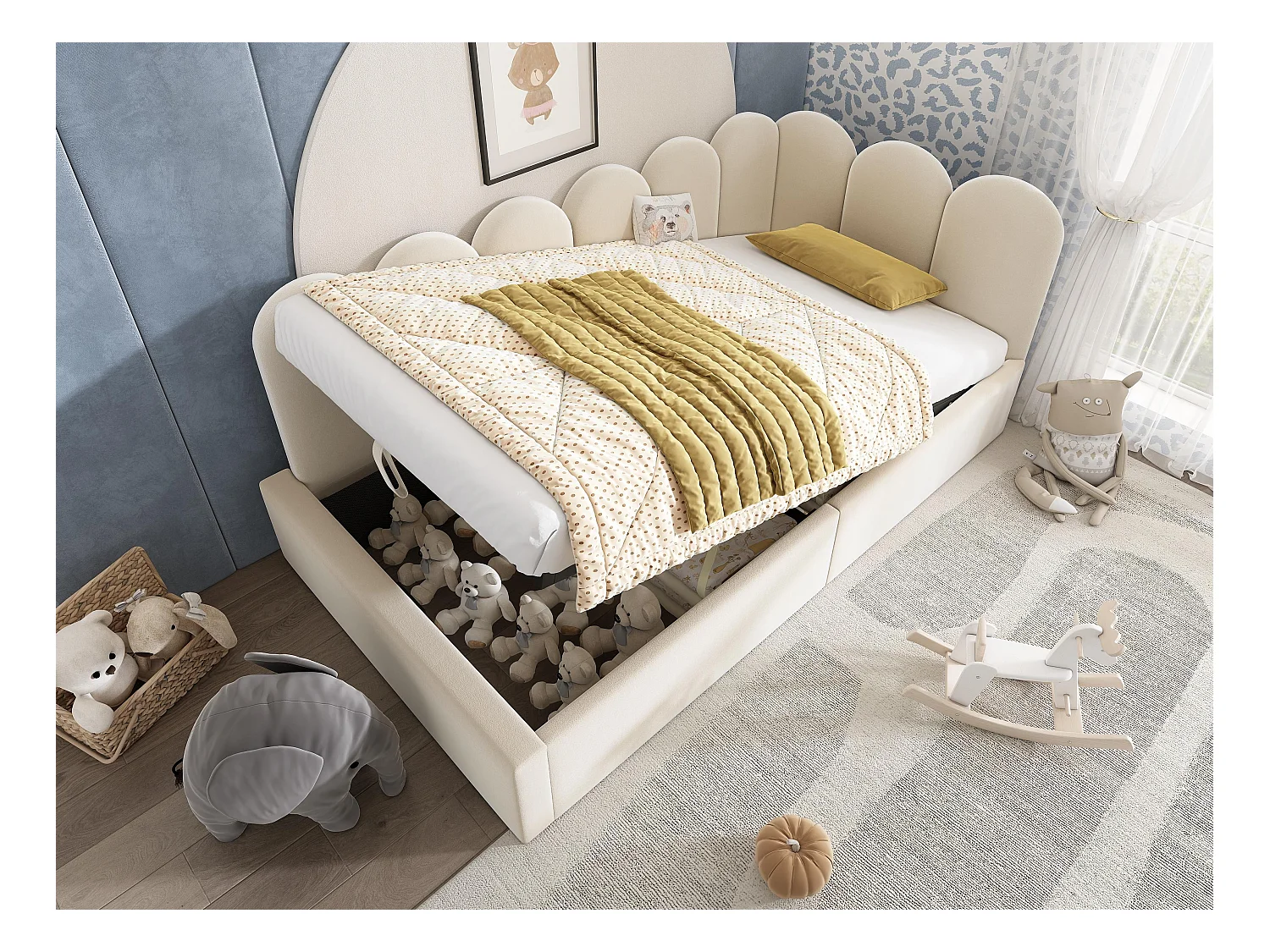 Lit banquette avec rangement - tissu en velours - 90x190 cm - avec sommier à lattes - Beige