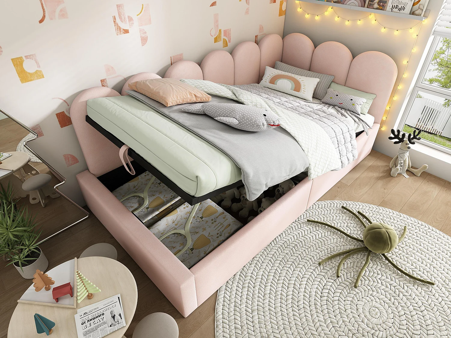 Lit banquette avec rangement - tissu en velours - 90x200 cm - avec sommier à lattes - Rose