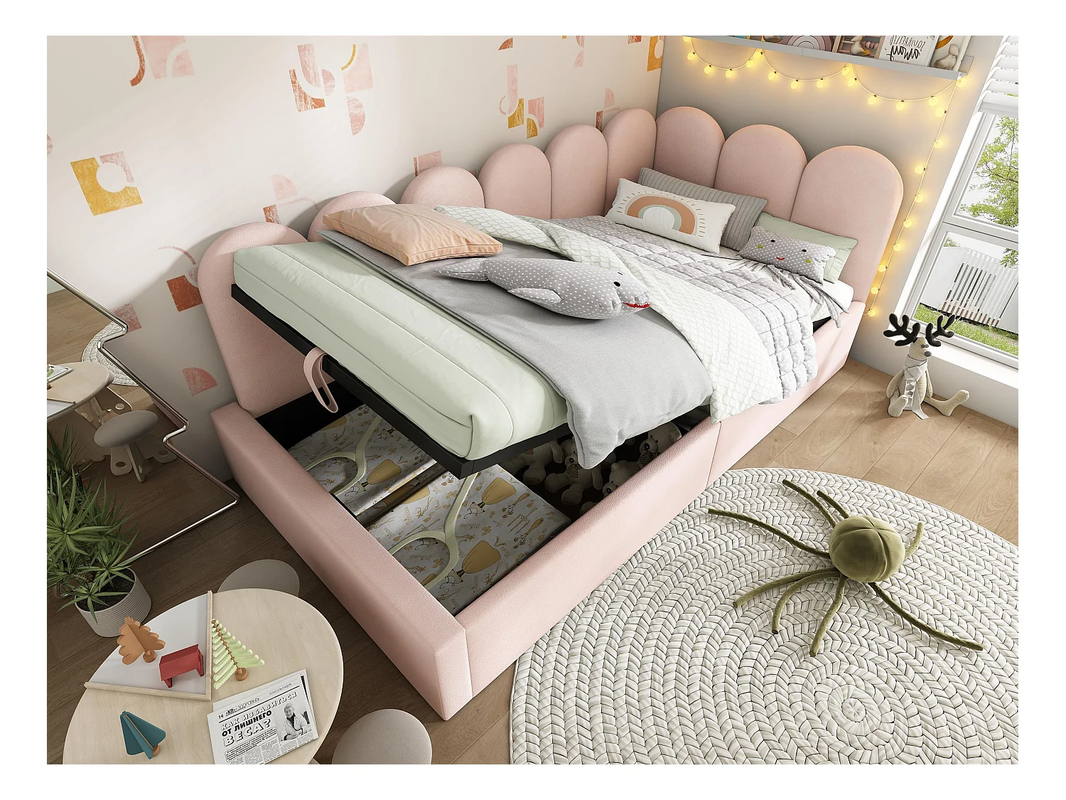 Sofá cama con almacenaje - tejido de terciopelo - 90x200 cm - con somier de láminas - Rosa