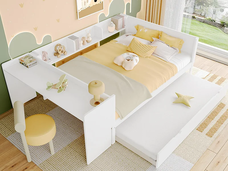 Doppelbett für Kinder 140x200 cm - mit Schreibtisch - mit ausziehbarem Bett - mit Lattenrost - Massivholz - Weiß (ohne Matratze)