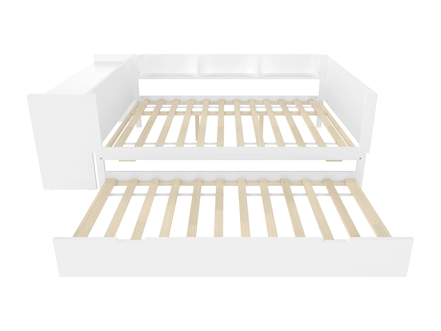 Doppelbett für Kinder 140x200 cm - mit Schreibtisch - mit ausziehbarem Bett - mit Lattenrost - Massivholz - Weiß (ohne Matratze)