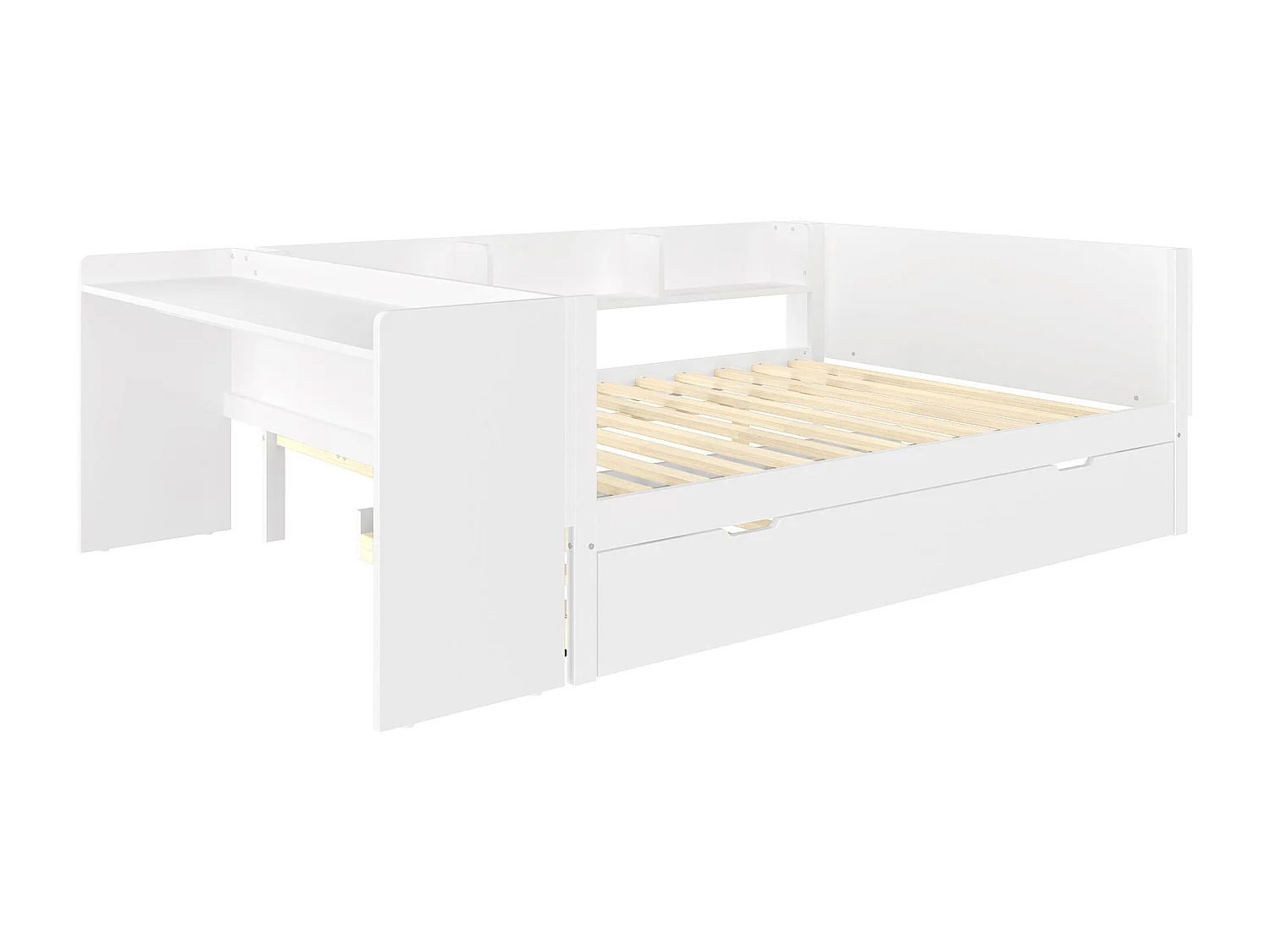 Doppelbett für Kinder 140x200 cm - mit Schreibtisch - mit ausziehbarem Bett - mit Lattenrost - Massivholz - Weiß (ohne Matratze)