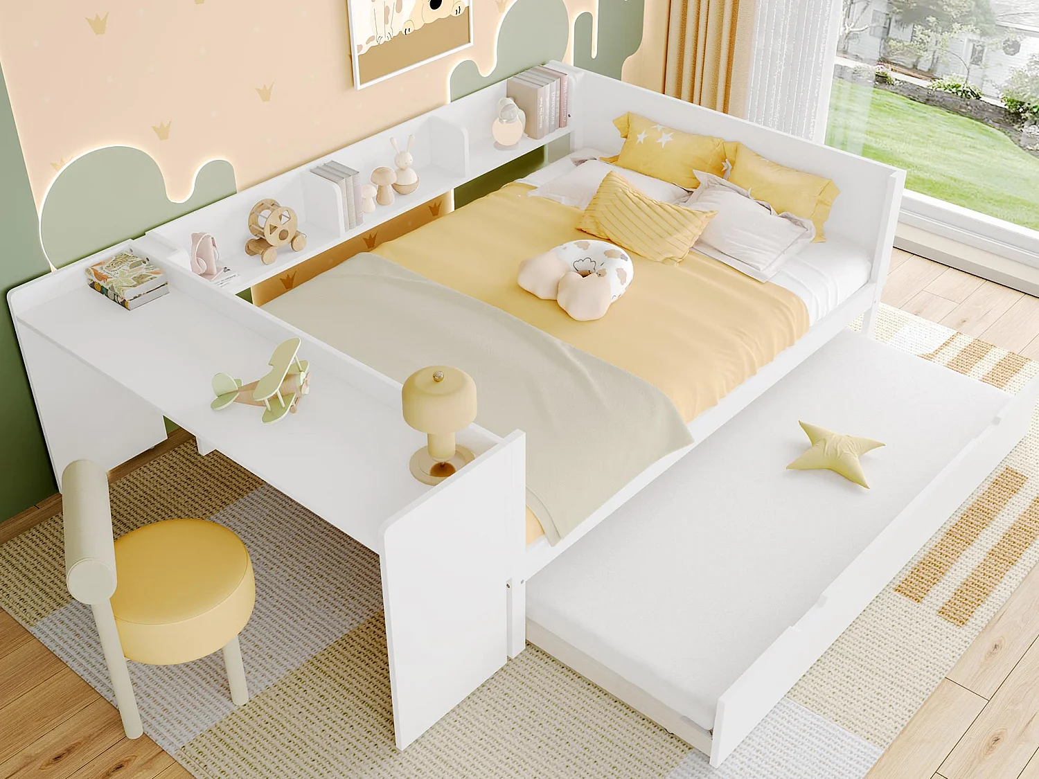 Tweepersoons kinderbed 140x200 cm - met bureau - met nestbed - met lattenbodem - massief hout - wit (zonder matras)