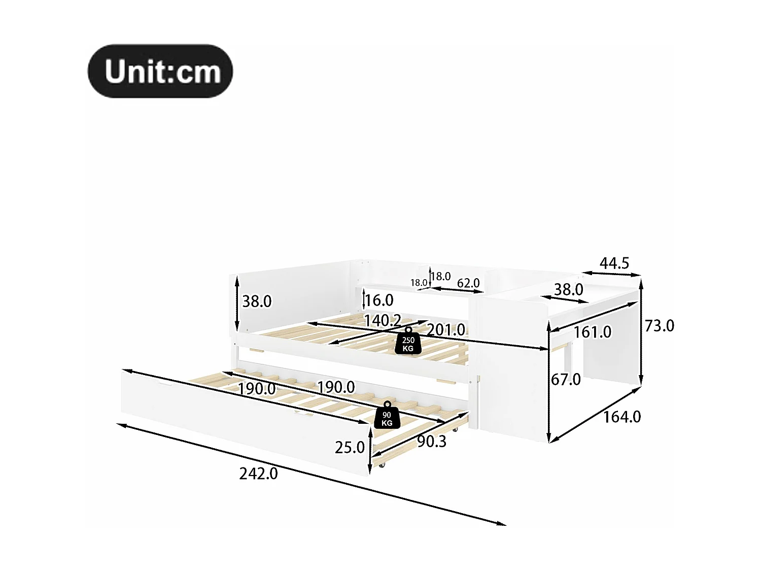 Lit double enfant 140x200 cm - Avec bureau - Avec lit gigogne - Avec sommier à lattes - Bois massif - Blanc (sans matelas)