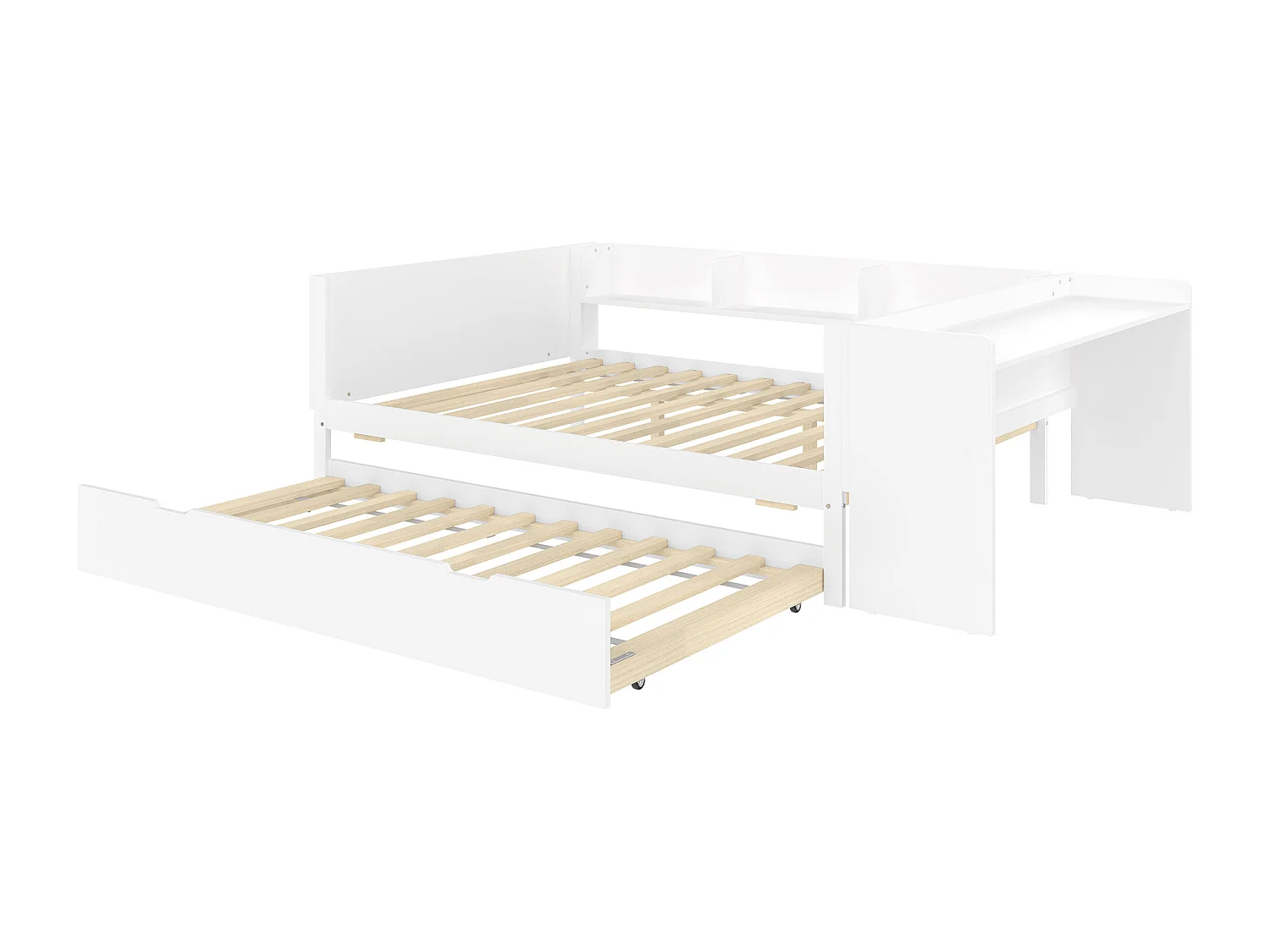Lit double enfant 140x200 cm - Avec bureau - Avec lit gigogne - Avec sommier à lattes - Bois massif - Blanc (sans matelas)