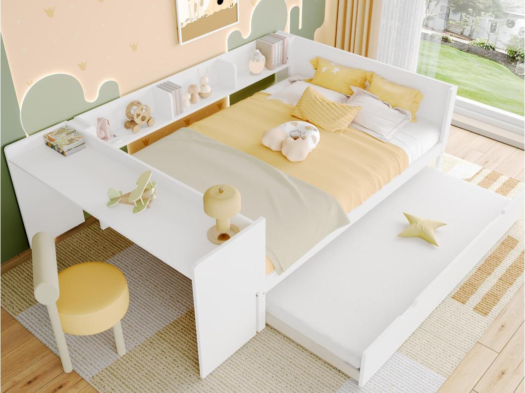 Lit double enfant 140x200 cm - Avec bureau - Avec lit gigogne - Avec sommier à lattes - Bois massif - Blanc (sans matelas)