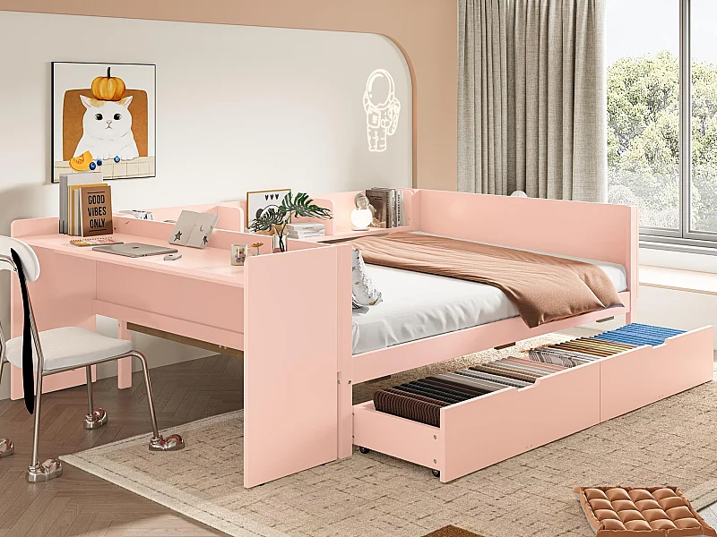 Lit simple enfant 140x200 cm - avec bureau - avec 2 tiroirs - avec étagères - bois massif - rose (sans matelas)