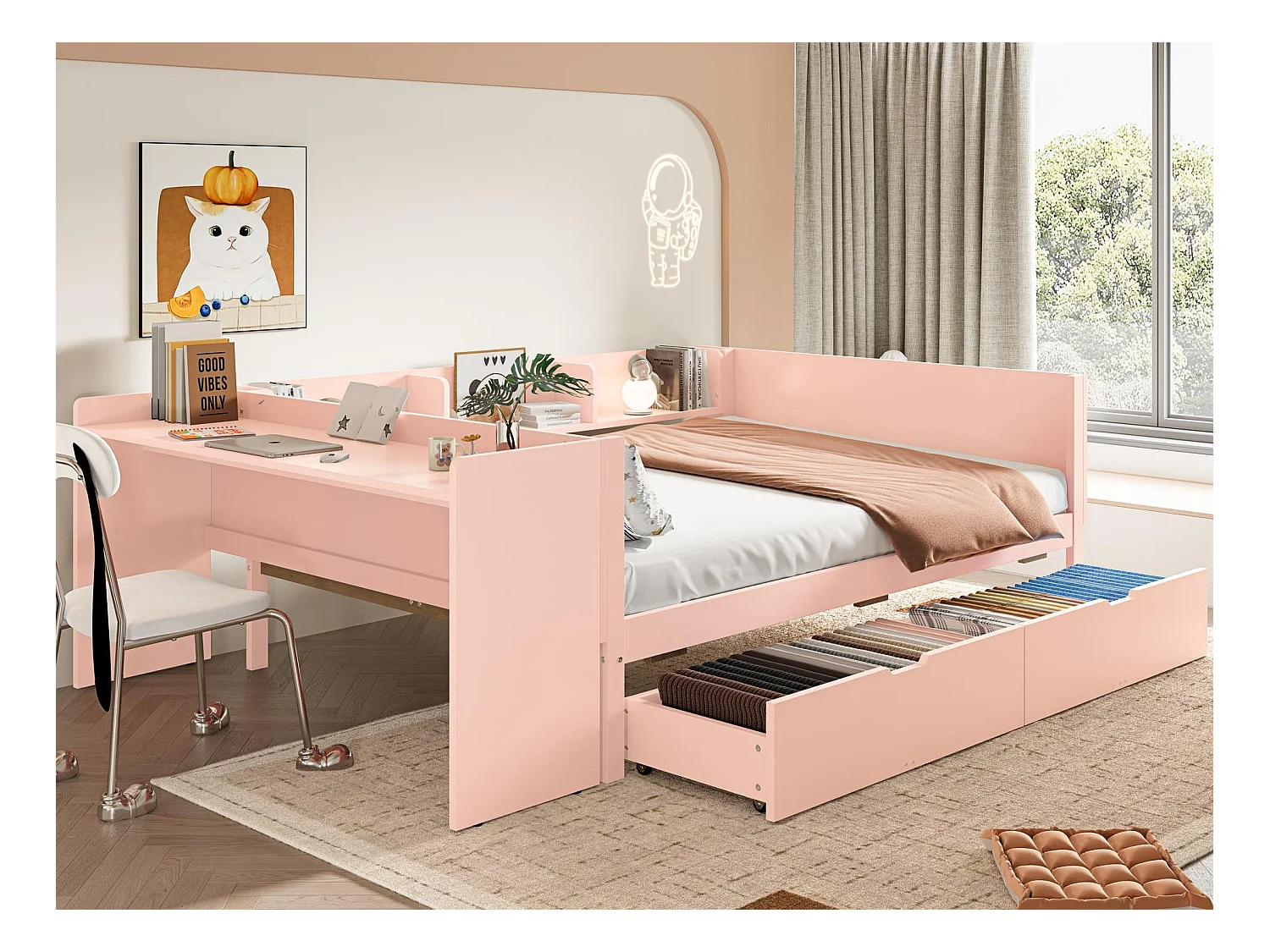 Einzelbett für Kinder 140x200 cm - mit Schreibtisch - mit 2 Schubladen - mit Regalen - Massivholz - Rosa (ohne Matratze)